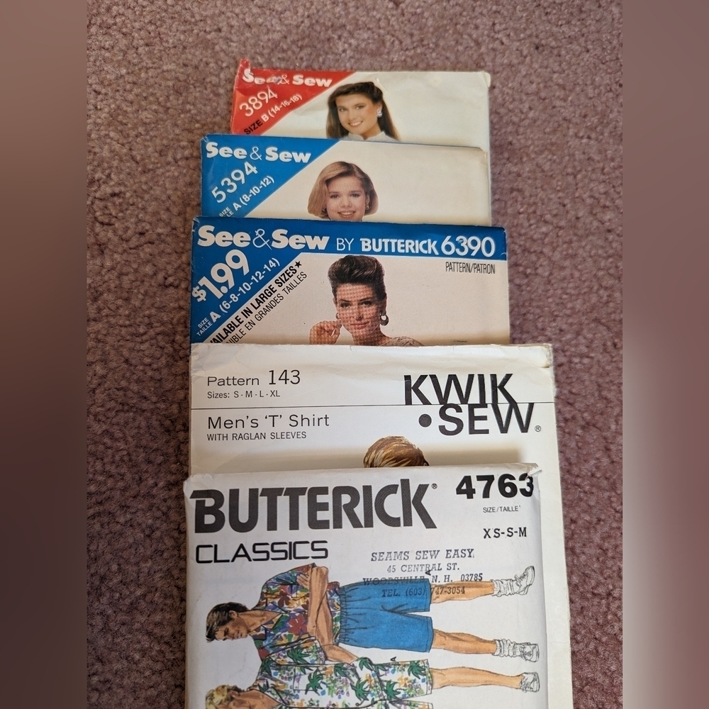 Vintage 5 Patterns Butterick, Kwik and Sew, mens womens 1971, 1985, 1987, 1988